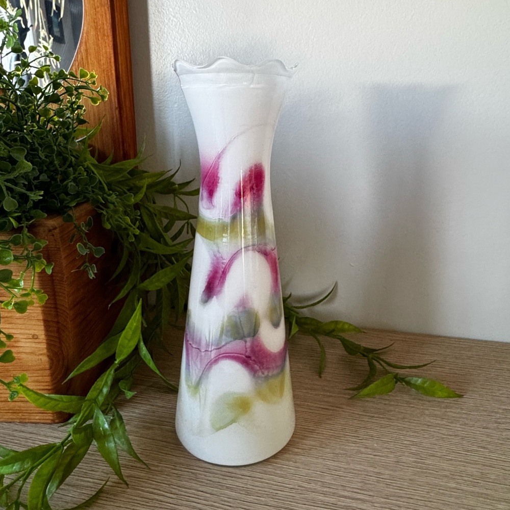 Elegant White Vase with Pink and Green Swirls